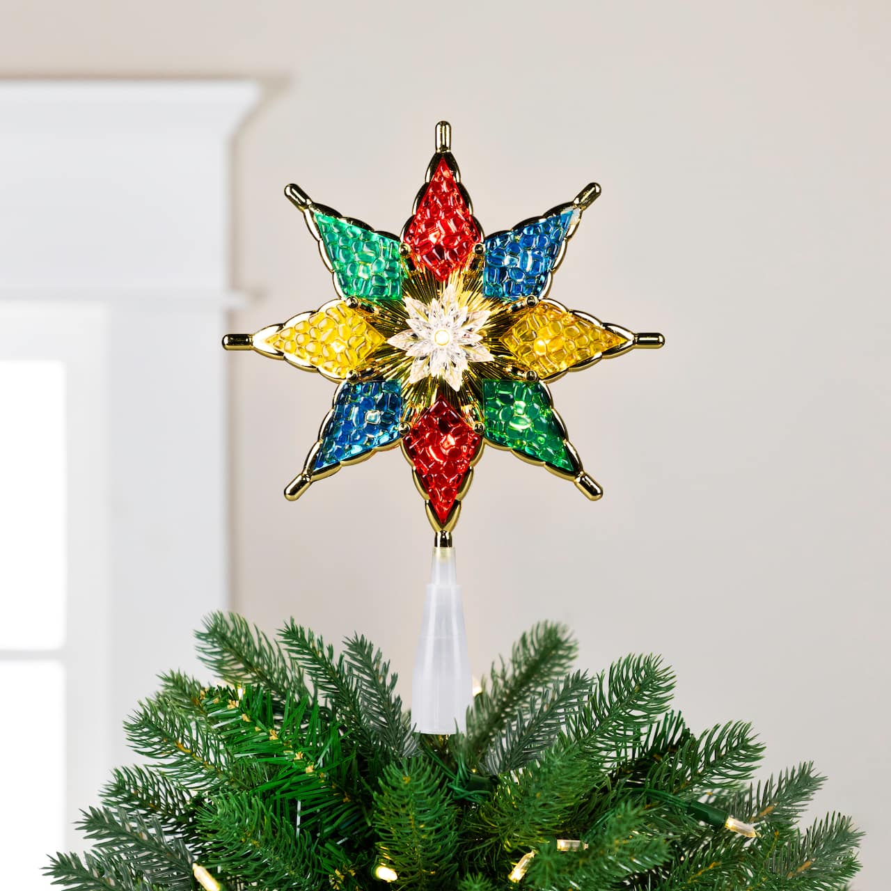 8" Pre-Lit Red and Green Crystal 8-Point Star Christmas Tree Topper - Clear Lights